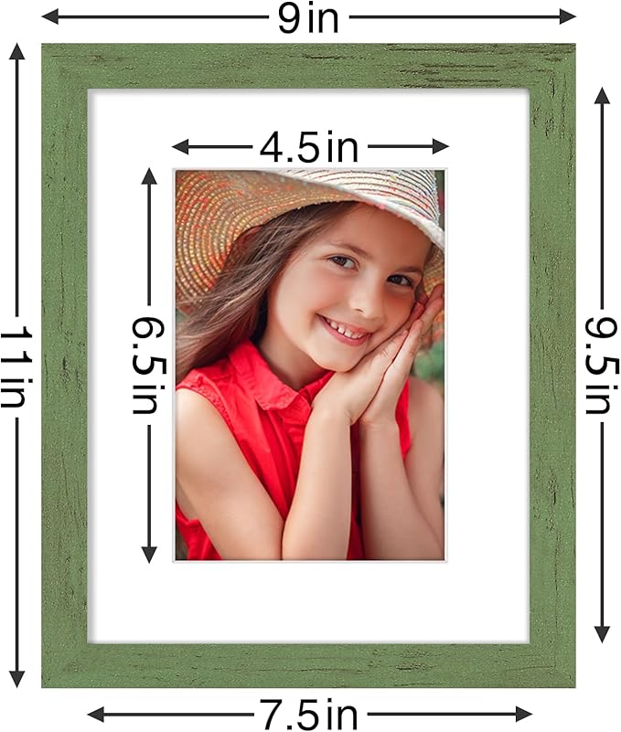 Vittanly 8x10 Picture Frames Set of 9, Shatter Resistant Plexiglass, Display 5x7 Pictures with Mat or 8x10 without Mat, Photo Frames for Wall or Tabletop, Engineered Wood, Rustic Green