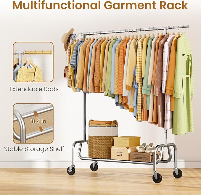 Clothes Rack with Wheels, Rolling Clothing Rack with Shelf, Heavy Duty Clothes Racks for Hanging Clothes, Metal Standing Garment Racks, Silver