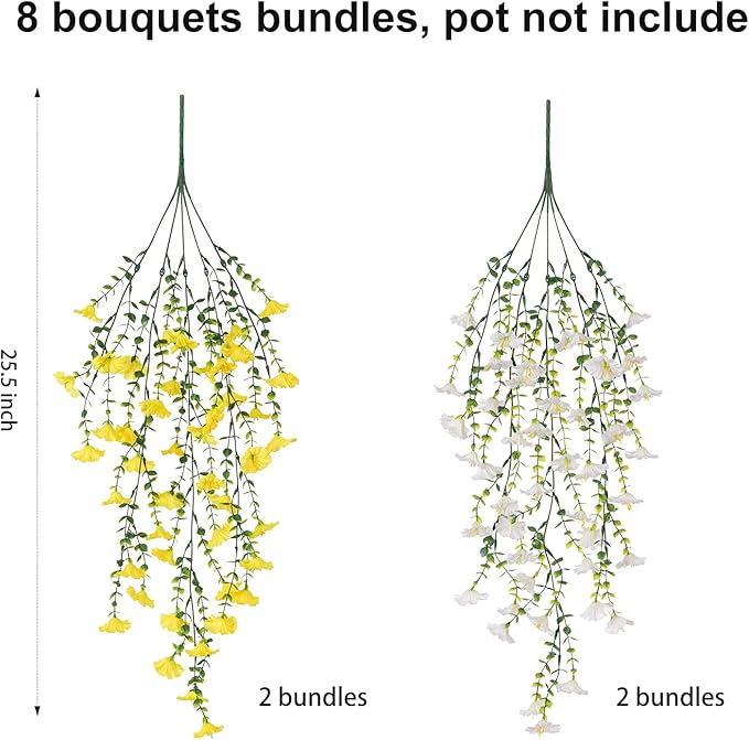 Fake Artificial Hanging Flowers for Outdoor, 8 PCS Silk Morning Glory Faux Flowers with Eucalyptus Leaves,Realistic Hanging Plants for Wedding Home Office Garden Decor