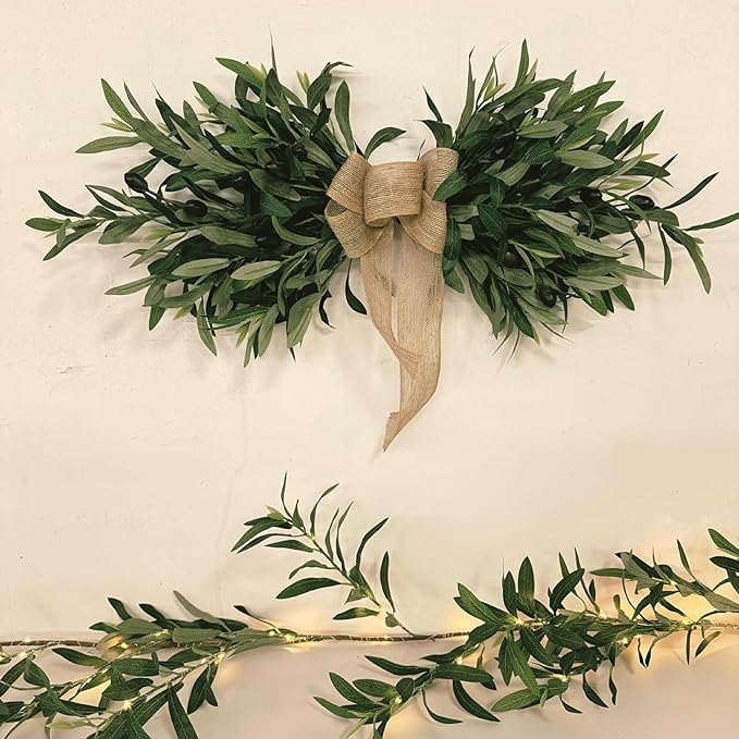 Artificial Olive Swag, Floral Swag with Green Leaves and Olive Fruit, Fake Olive Leaves Decorative Swag