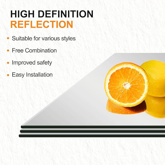 Delma Frameless Mirror Tiles 16"x12"x12 Pcs Wall Mounted, Shatter Resistant Full Length Tempered Glass Panels for Home Gym Bathroom Bedroom & Living Room Decor
