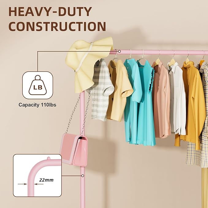 Rolling Clothing Racks for Hanging Clothes, Garment Rack for Clothes to Hang, Metal Portable Wardrobe Rack for Coats, Jackets, Shirts, Dress,Pink