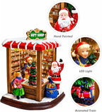 MOMENTS IN TIME Christmas Village Vintage Corner Gift Shop with Santa Claus LED Lights & Music, 8 Christmas Songs, Battery Operated, Handcrafted Polyresin Santa Figurine Holiday Decoration