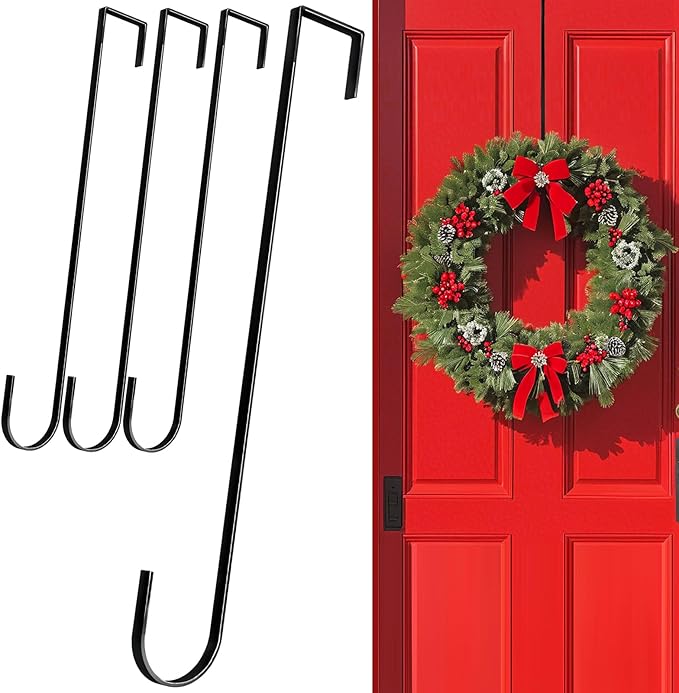 12" Wreath Hangers for Front Door,4 Pack Wreath Door Hanger,Non Scratch Over The Door Hooks Halloween Christmas Easter Decorations Welcome Sign for Front Door Décor, Slim Hangers