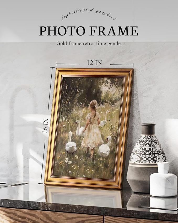 VIYYIEA Vintage Gold Framed Wall Art for Living Room, Gooses Girl Canvas Prints Home Decor, Oil Painting Picture, Bedroom Wall Decor Gifts for Friends or Family -【Graceful Companions】-(16L x 12W)