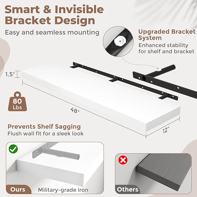 48 Inch Long Floating Shelves for Wall Set of 2, 12"D Wood Grain Bathroom Shelves with Invisible Brackets, Easy Install Engineered Wood Storage Shelves for Kitchen, Living Room, Bedroom, White Finish