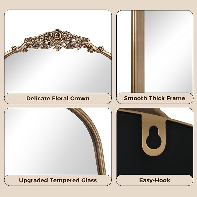 24"x36" Vintage Gold Mirror, Ornate Baroque Mirror with Metal Frame and Rose Floral Crown, Gold Antique Mirror for Fireplace, Living Room, Bedroom, Entryway or Bathroom Wall Decor