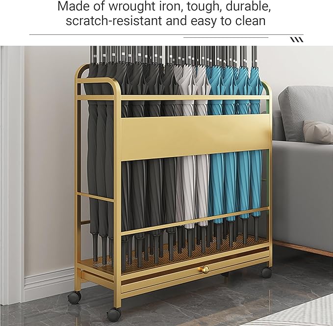 Metal Frame Commercial Umbrella Stand with Removable Drip Tray Large Capacity Heavy Duty Umbrella Holder with wheels for Entryway, Office(Gold,80 * 20 * 70CM/31.5 * 7.9 * 27.6IN)