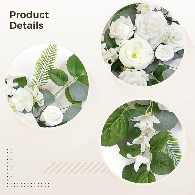 Faux Floral Swags for Weddings - Set of 2 White Artificial Flowers for Ceremony Signs and Reception Decor