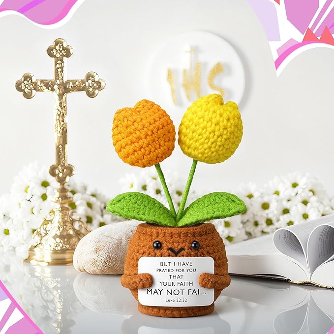 Wavwavw 6 Pcs Christian Gift for Women Inspirational Religious Gifts Positive Faith Scripture Crochet Handmade Bible Verse Crochet Doll with Prayer Card for Vbs Church(Tulip)