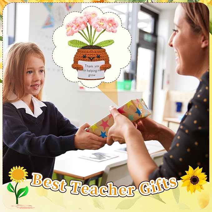 Wavwavw 3 Pack Teacher Appreciation Gift Positive Flower Handmade Crochet Doll Thank You for Helping Me Grow Gifts Back to School Gifts for Women Teacher(Forget Me Not)