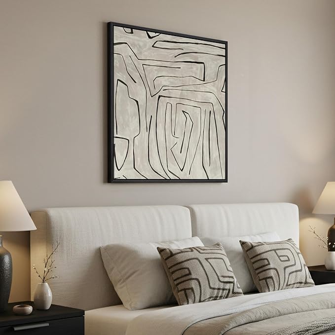 Framed Black and Beige Neutral Abstract Wall Art, Square Modern Canvas Prints Painting Artwork for Walls, Minimalist Abstract Line Picture for Bedroom Dining Lounge Living Room Wall Decor 24x24 In