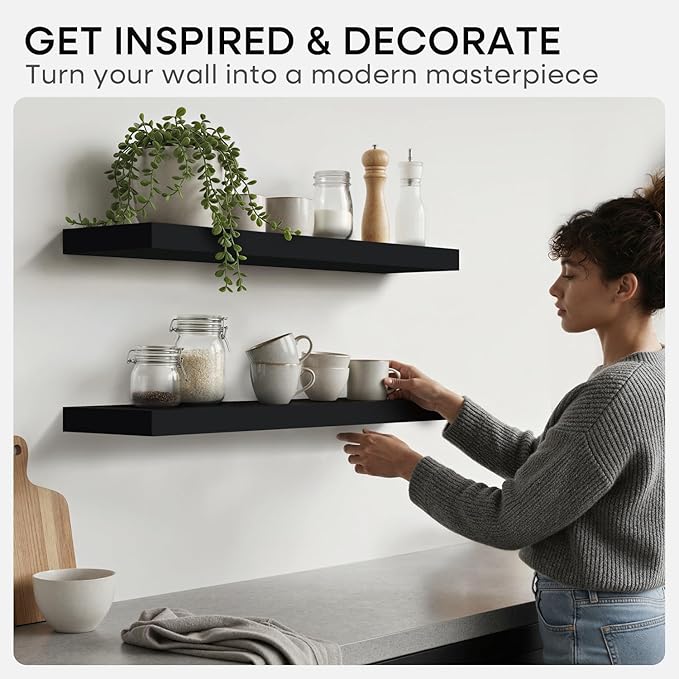 Homeforia Black Floating Shelves 30 inches Long, High End Solid Real Wood 30 inch Floating Shelf for Wall Mounted, Black Wooden 30in Floating Shelves, Heavy Duty Bracket, 30 X 6.5 X 1.75 in, Set of 4