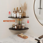 JJL Corner Shelf Wall Mounted, 12 Inches 2-Tier Floating Corner Shelf, Fan-Shaped Rustic Wood Decor with Fence, Black Wall Storage for Living Room Bedroom Kitchen Bathroom