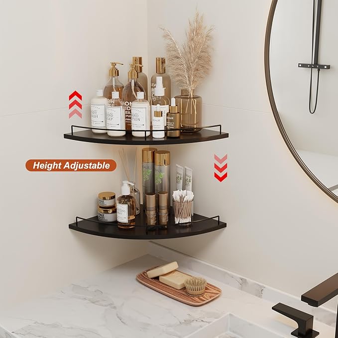 JJL Corner Shelf Wall Mounted, 12 Inches 2-Tier Floating Corner Shelf, Fan-Shaped Rustic Wood Decor with Fence, Black Wall Storage for Living Room Bedroom Kitchen Bathroom