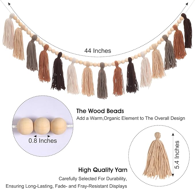 Boho Tassel Garland Western Decor Terracotta Tassel Wood Bead for Birthday, Party Home Nursery Decorations