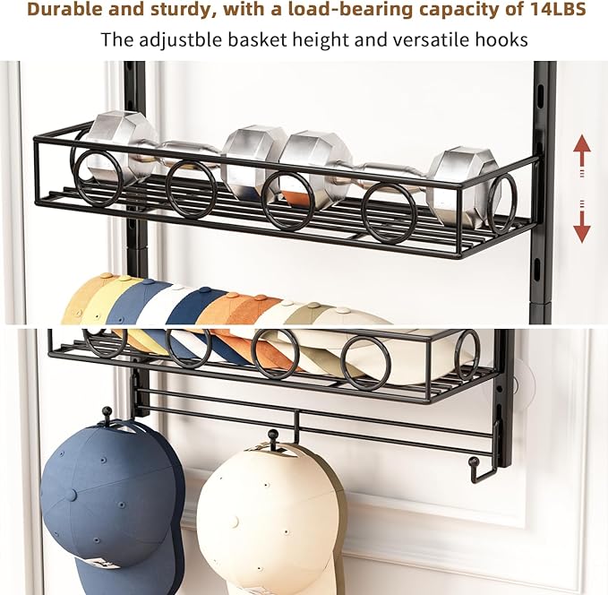Over Door Hat Organizer 5 Tier Wall Mounted Hat Rack with 4 Adjustable Metal Basket and 3 Hooks Hat Organizer for Baseball caps Hat Hanger Holder Display for Door Closet Cap Organizer Storage