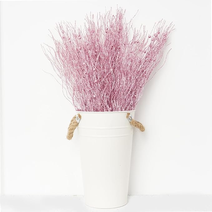 SLK 16-Pack Artificial Glitter Berry Stem Ornaments, Christmas Decorative Glittery Twigs, Picks, Branches for Tree, Wreath, Small Vase, Halloween Party (Pink)