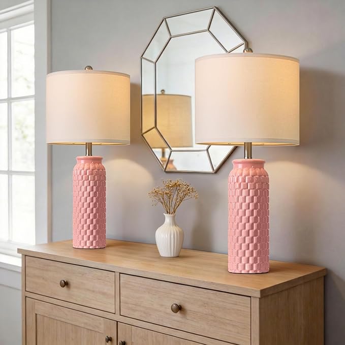USumkky 27" Ceramic Table Lamps Set of 2 - Modern Farmhouse & Boho Style, Bedside Nightstand Lamps for Bedroom, Living Room End Table Lamps, Small Desk Lamp(Pink)