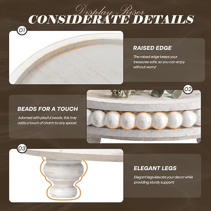 EOSAHR Pine Round Wood Riser for Room Decor– Retro Beaded Pedestal Tray for Plant Stand, Perfume Organizer & Cupcake Stand – Boho Home & Bathroom Accents(Whitewash)