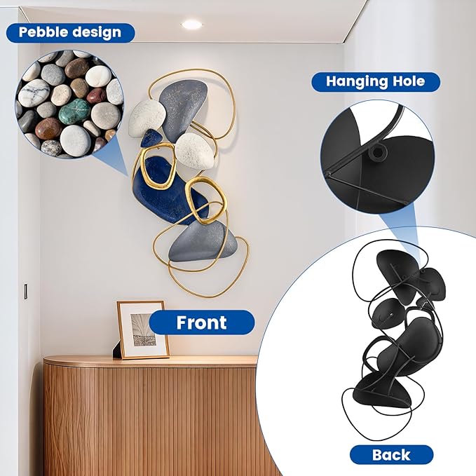 SHERBECK 3D Metal Wall Art Decor Blue Pebble Wall Sculptures Hanging Ornament Modern Abstract for Bedroom Living Room Sofa Background Home Office Kitchen Gold 41.3" L × 19.7" W