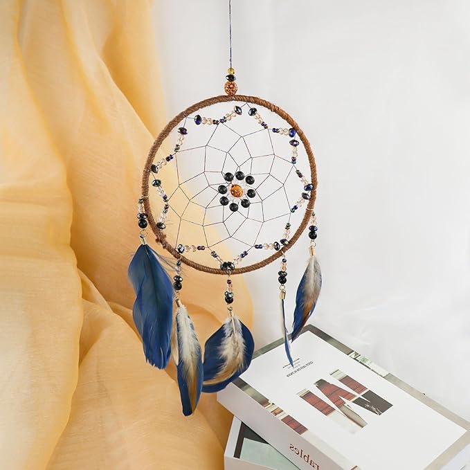 Blue Dream Catcher, Handmade Rattan Large Dreamcatcher Ornaments with Feathers and ABS Beads, Hanging Wall Decoration for Bedroom, Living Room to Have a Good Mood and Sleep (Blue)
