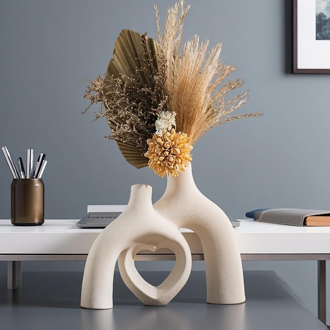 Modern Ceramic Vase, Snuggle Heart-Shaped Abstract Sculpture Vases, Minimalist Boho Home Decor for Living Room Shelf & Table Centerpiece Decorative Vase (Milky White)