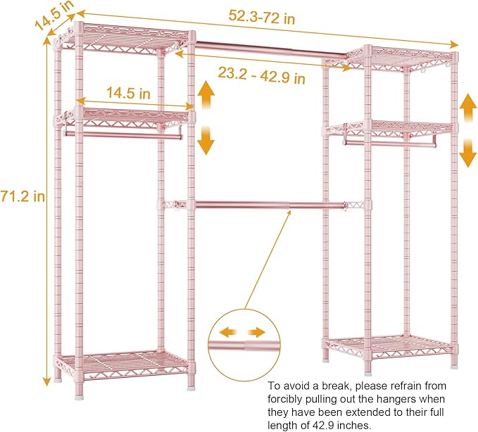 Ulif E7 Garment Rack, Heavy Duty Clothes Storage System with Extendable Hangers Rods, Metal Clothing Rack with 6 Wire Shelves, (52.3"-72") W x 14.5" D x 71.2" H, Load 838lbs, Pink