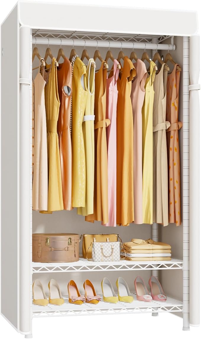 H5C Clothes Rack with Cover, Portable Closet for Hanging Clothes, Covered Clothing Racks Heavy Duty, Freestanding Garment Racks with Shelves Max Load 360LBS White Closet Rack with White Cover