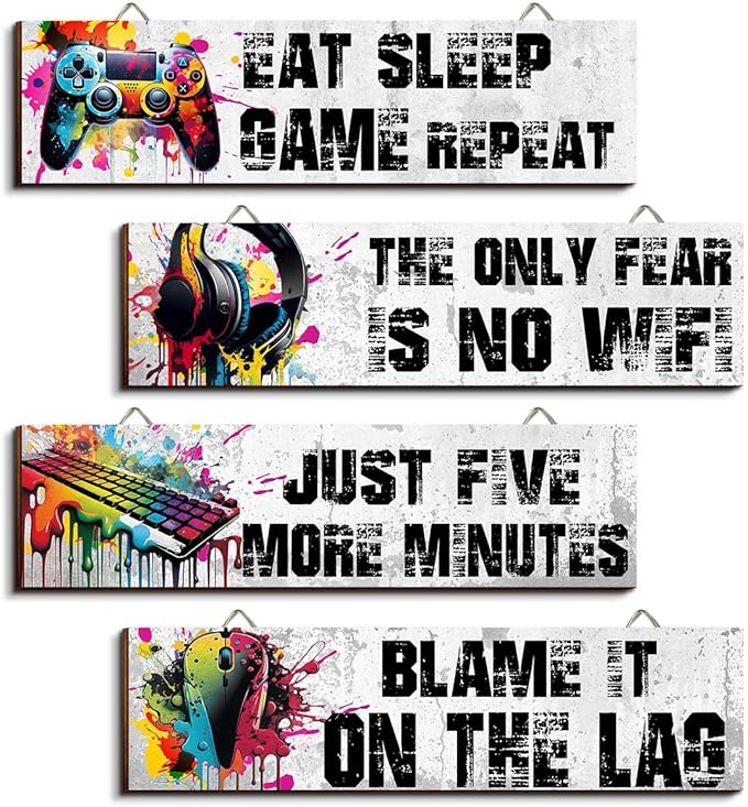 Hatzelou 4Pcs Game Room Hanging Decor Sign, Watercolor Game Wall Wooden Sign, Game Room Accessories Hanging Sign, Gamer Hanging Plaques for Teen Room Bedroom Playroom Decorations, black