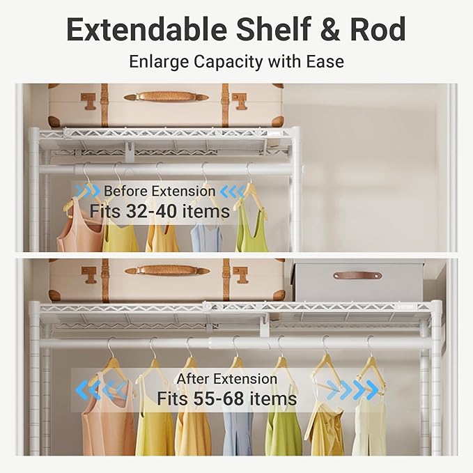 VIPEK X1 Plus Expandable Reach-in Closet Adjustable from 2'8" to 4'6" with Adjustable Shelves and Hanger Rods Clothes Rack Heavy Duty, Metal Clothing Racks Portable Walk-in Closet, White