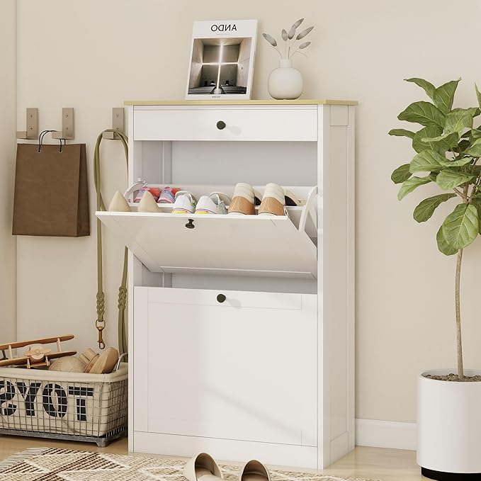 Shoe Cabinet with 2 Flip Drawers, Slim Wooden Hidden Shoe Organizer with Drawer, Pet-Proof Narrow Shoe Storage Cabinet for Entryway Living Room Behind The Door