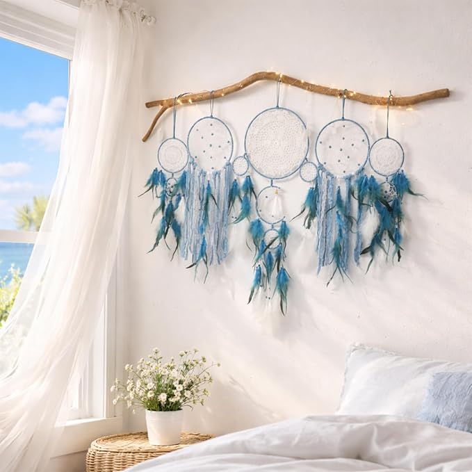 5 Pack Blue Dream Catchers for Bedroom Adult Large Boho Dreamcatcher Wall Hanging Decor with Feather Tassels Handmade Indian Art Decoration Home Ornament for Women Girls