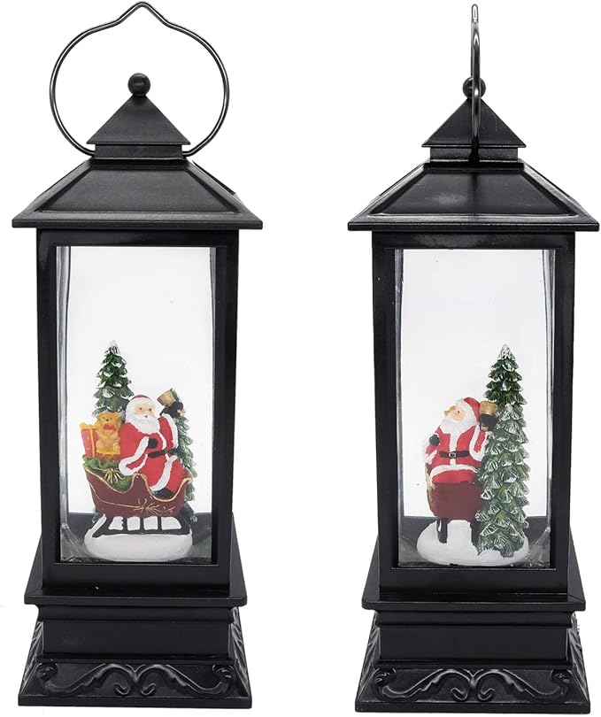 Wondise Lighted Musical Snow Globe Lantern with 6 Hour Timer, 12 Inches USB Powered & Battery Operated Spinning Water and Swirling Glitter Christmas Snow Globe Lantern Gifts(Santa Claus and Sleigh)