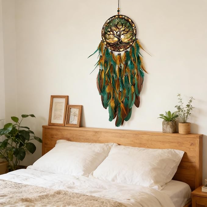 Dream Catcher Wall Hanging Decor for Bedroom Aesthetic, Handmade Traditional Wall Art with Feathers for Living Room, Nursery, Good Vibes Gift for Women,Girls,Home Decoration Wedding Party (Old Tree)