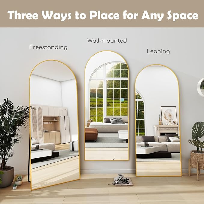 Prywot Arched Floor Mirror, 57 "x 20" Full Length Mirror Wall Mirrors Hanging or Leaning Arched-Top Full Body Mirrors with Stand for Bedroom, Dressing Room, Gold