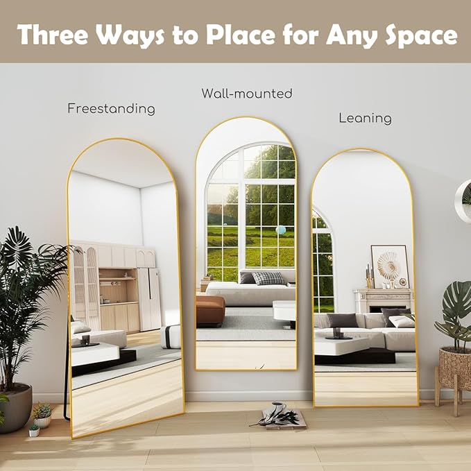 Prywot Arched Full Length Mirror, 71"x30" Free Standing Floor Mirror, Modern Full Body Mirrors with Stand, Wall Mirrors with Aluminum Alloy Frame for Bedroom,Living Room, Gold