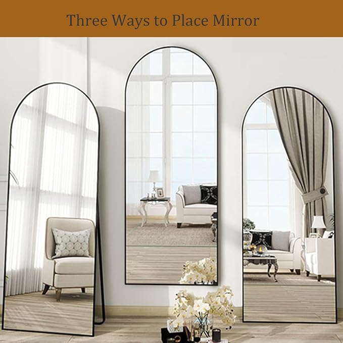 Dewfig Full Length Mirror, 71"*26" Arched Full Body Mirror with Stand, Large Floor Mirrors for Leaning or Hanging, Big Mirrors for Bedroom, Living Room,Dressing Room, Aluminum Alloy Frame, Black