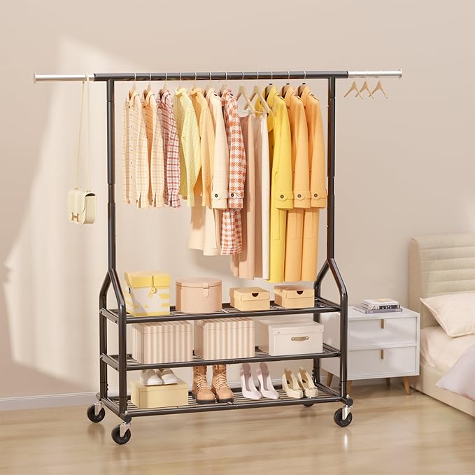 EAGMAK Heavy Duty Clothes Rack Load 556 LBS, Rolling Clothing Rack With 3 Shelves, Adjustable Metal Clothes Hanger with Wheels, Portable Wardrobe Organizer Garment Rod for Hanging Clothes (Black)