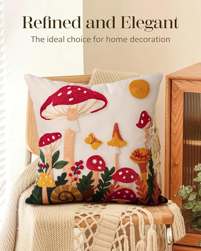 Embroidered Throw Pillow Cover 18x18 Inch - Spring Summer Boho Decorative Pillow Cover with Zipper for Living Room Couch Sofa Bed Aesthetic Design Mushroom Moon Cushion Pillowcase