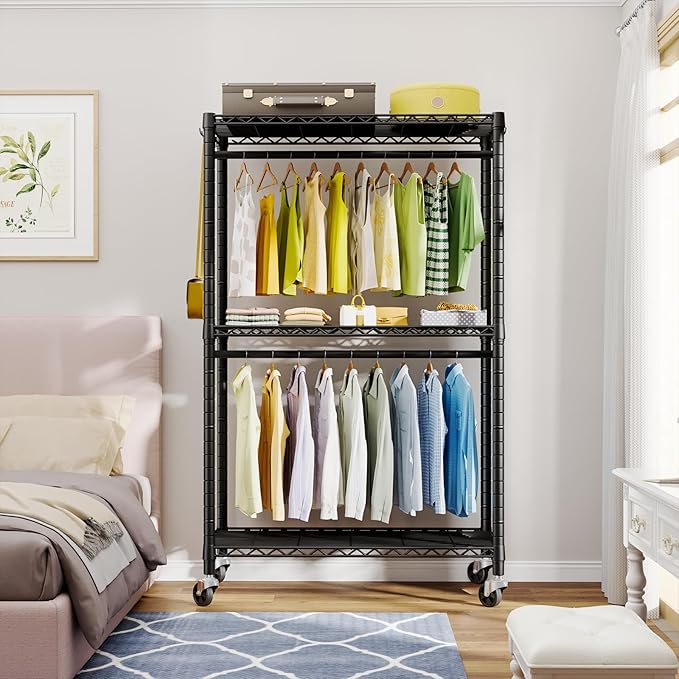 FUTASSI P3 Rolling Clothes Rack, Clothing Racks for Hanging Clothes, Heavy Duty Garment Rack with Wheels, Freestanding Portable Closet Organizer 39.4''W x 14''D x 78.5''H, Max Load 464 LBS, Black