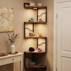 HAAYOT Corner Shelf Wall Mounted with Lights, 5-Tier Floating Metal Shelves for Living Room, Bedroom, Rustic Brown