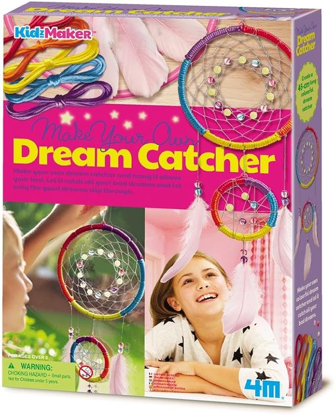 4M: KidzMaker - Make Your Own Dream Catcher - DIY Craft Kit, Create Hanging Room Decor, Color & Glow Beads, Feathers & String, Double Hoop, Kids 5+