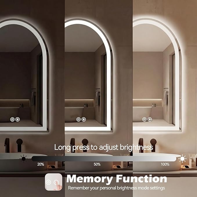 Sweetcrispy 20“x 28” LED Bathroom Backlit Mirror with Lights, Arched Lighted Bathroom Vanity Mirrors with Anti-Fog, Dimmable, 3-Color Light, Memory Function, Tempered Glass, Water-Proof Design