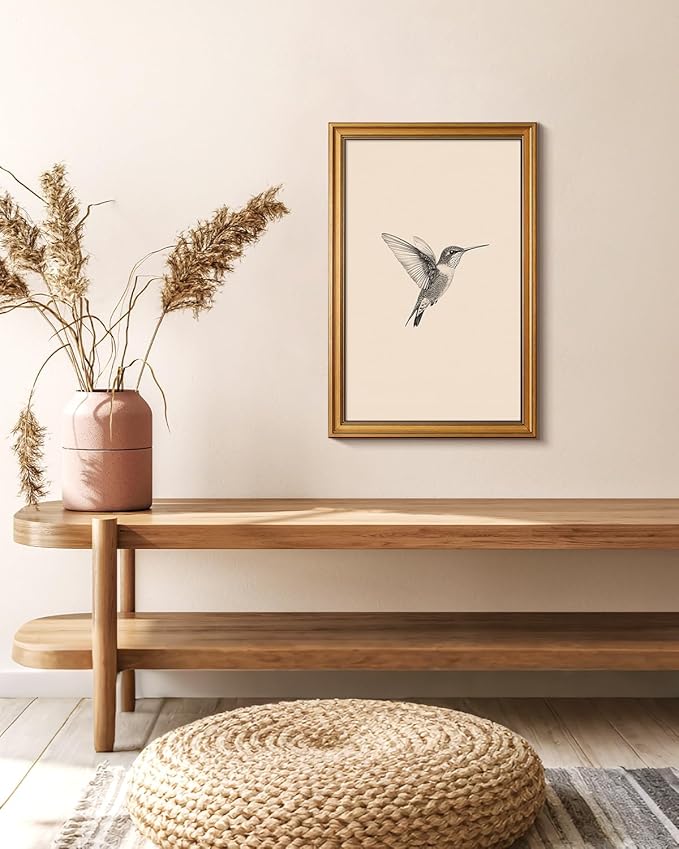 VIYYIEA Vintage Gold Framed Wall Art for Living Room, Birds Canvas Prints Home Decor, Sketch Painting Picture, Bedroom Wall Decor Gifts for Friends or Family -【Hummingbird】-(24L x 16W)