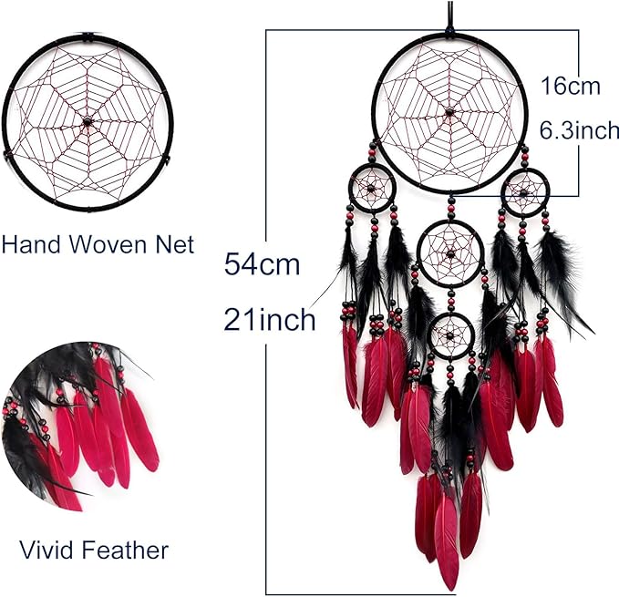 Red and Black Dream Catcher Large Dream Catchers Wall Decor Handmade Feather Dreamcatcher Wall Hanging Ornament for Bedroom Living Room Home Decor