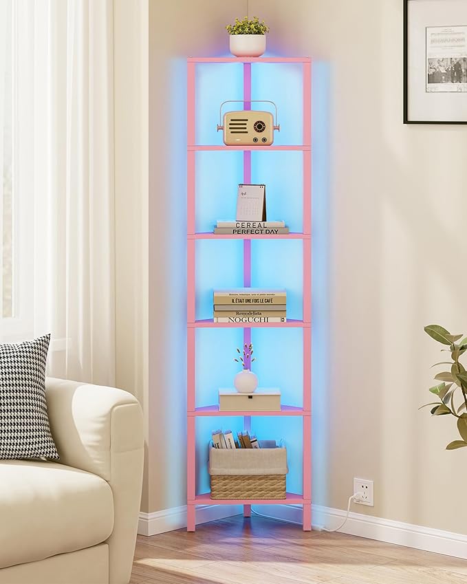 TUTOTAK Corner Shelf with LED Light, 6-Tier Corner Bookshelf for Small Space, Narrow Display Corner Shelf Stand with Storage Rack, for Living Room, Bedroom, Pink BS05BP006L
