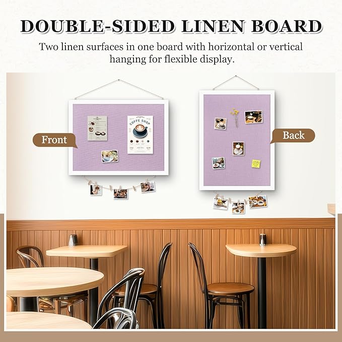 DOLLAR BOSS Bulletin Board with Linen Double-Sided 24" x 18" Linen Cork Boards for Walls Picture Display Vision Board for Office Home School Framed Picture Pin Board, 20 Pushpins 10 Clips, Purple