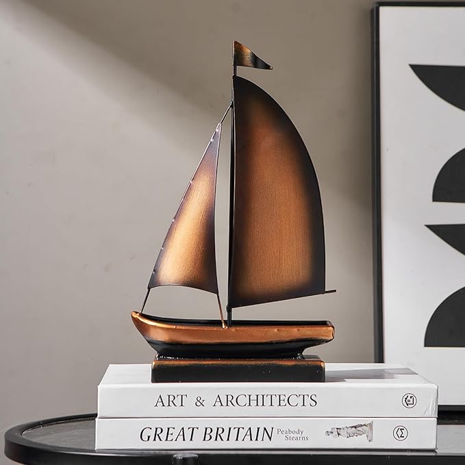 Retro Metal Sailboat Decor, Iron Nautical Sculpture for Home, Vintage Boat Figurine for Living Room Table, Office Desk, Bookshelf, Coastal Style Decoration (Brass)
