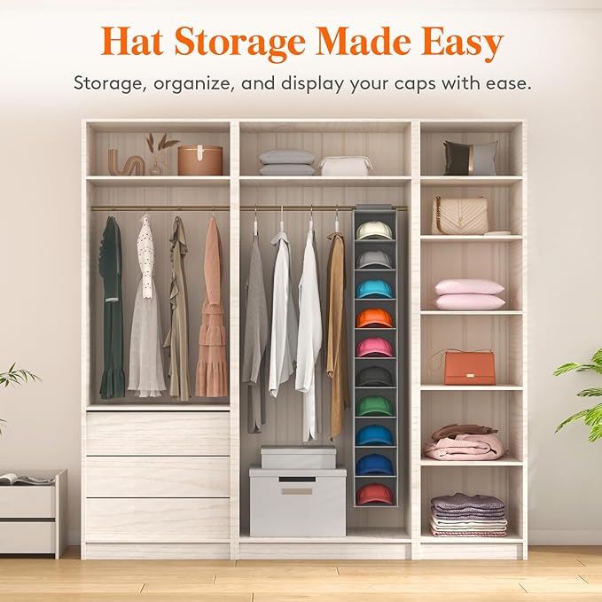 Lifewit Hat Organizer for Baseball Caps, Hat Rack Hanging Storage, Non-Woven Fabric Display Shelf Holds Up to 40 Hats, Cap Holder Hanger for Closet, Bedroom, 10 Compartments, Gray, 1 Pack